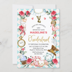 Blue Pink Alice in Onederland 1. Geburtstag Einladung