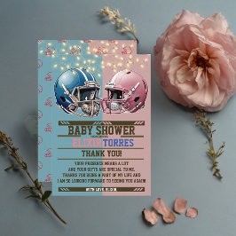 Blue & Pink American Football Helmet Baby Dusche Dankeskarte