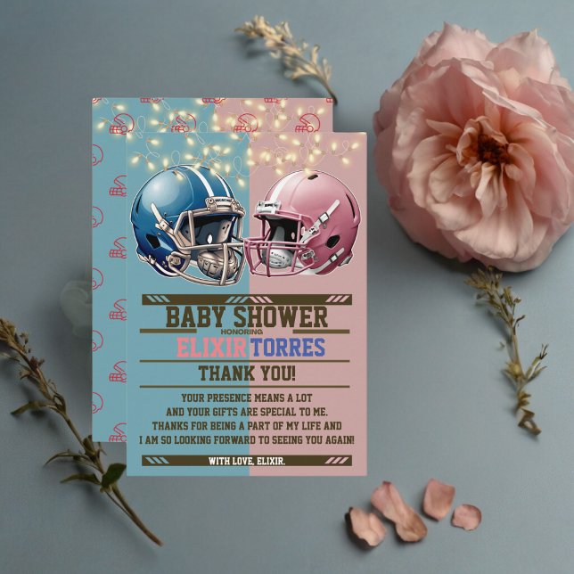 Blue & Pink American Football Helmet Baby Dusche Dankeskarte (Von Creator hochgeladen)