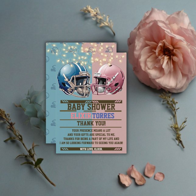 Blue & Pink American Football Helmet Baby Dusche Dankeskarte (Von Creator hochgeladen)