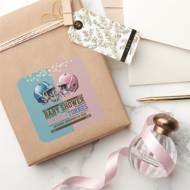 Blue & Pink American Football Helmet Baby Dusche Quadratischer Aufkleber (Schenken)