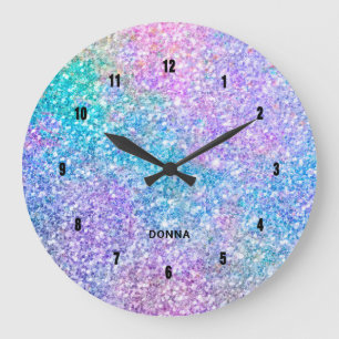 Blue pink and purple colors faux glitter große wanduhr