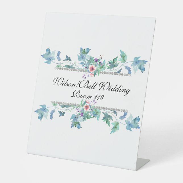 Blue Pink Anemones Diamond Bling Wedding Sockelschild (Vorderseite)