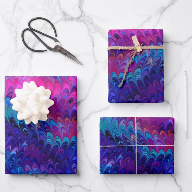 Blue Pink Aquamarin Abstrakt Marbella Ebru Kunst Geschenkpapier Set (Vorderseite)