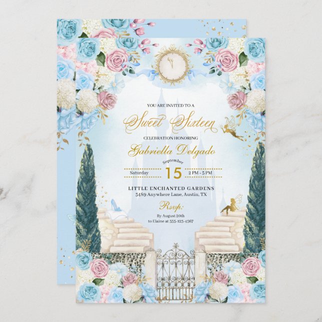 Blue & Pink Aschenputtel Princess 16 . Geburtstag Einladung (Vorne/Hinten)