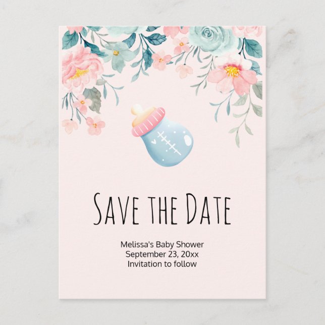 Blue & Pink Baby Flasche Babydusche Save the Date Einladungspostkarte (Vorderseite)