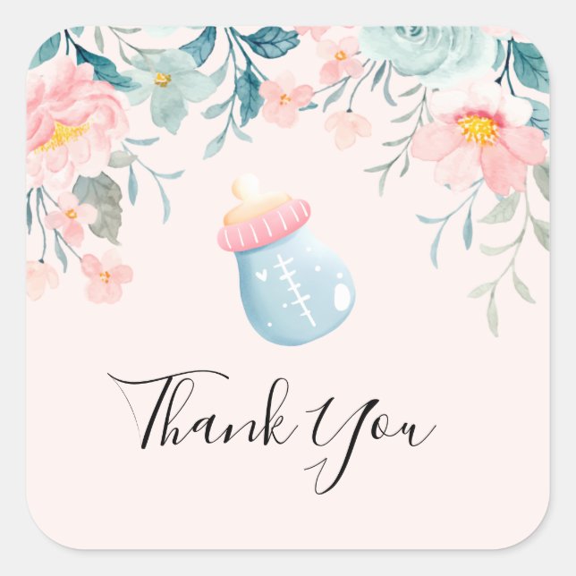 Blue & Pink Baby Flasche mit Blume Border Quadratischer Aufkleber (Vorderseite)