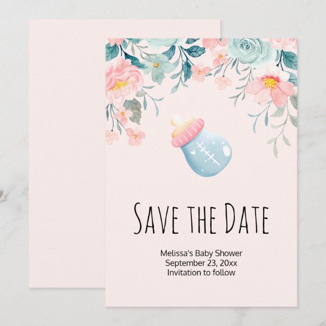 Blue & Pink Baby Flasche mit Blume Border Save The Date (Vorne/Hinten)
