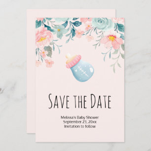 Blue & Pink Baby Flasche mit Blume Border Save The Date