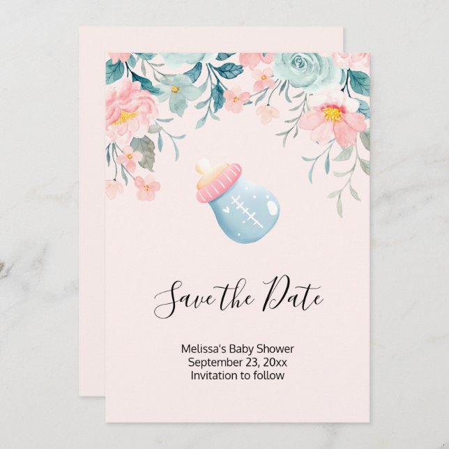 Blue & Pink Baby Flasche mit Blume Border Save The Date (Vorne/Hinten)