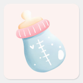 Blue & Pink Baby Flasche Niedlich Quadratischer Aufkleber