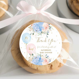 Blue Pink Balloons Floral Twins Baby Dusche Runder Aufkleber