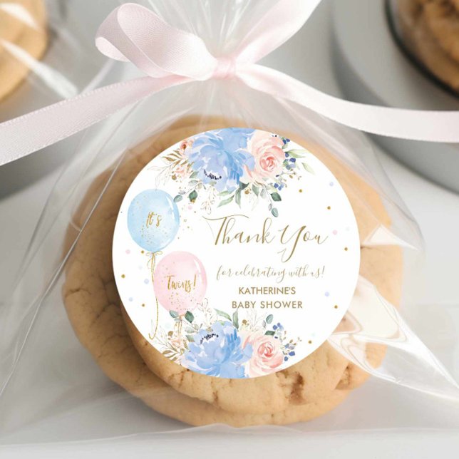 Blue Pink Balloons Floral Twins Baby Dusche Runder Aufkleber (Von Creator hochgeladen)