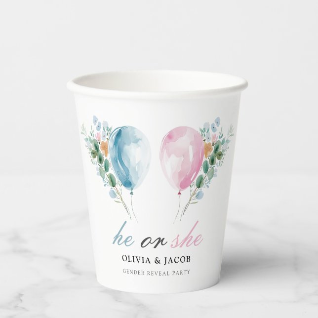 Blue Pink Balloons Gender Reveal Party Pappbecher (Vorderseite)