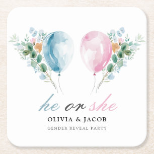 Blue Pink Balloons Gender Reveal Party Rechteckiger Pappuntersetzer