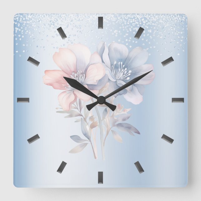Blue Pink Blume Wall Clock Quadratische Wanduhr (Vorderseite)