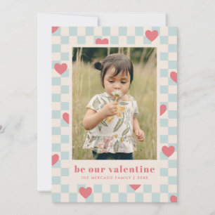 Blue Pink Checkerboard Herz Valentine's Day Card Einladung