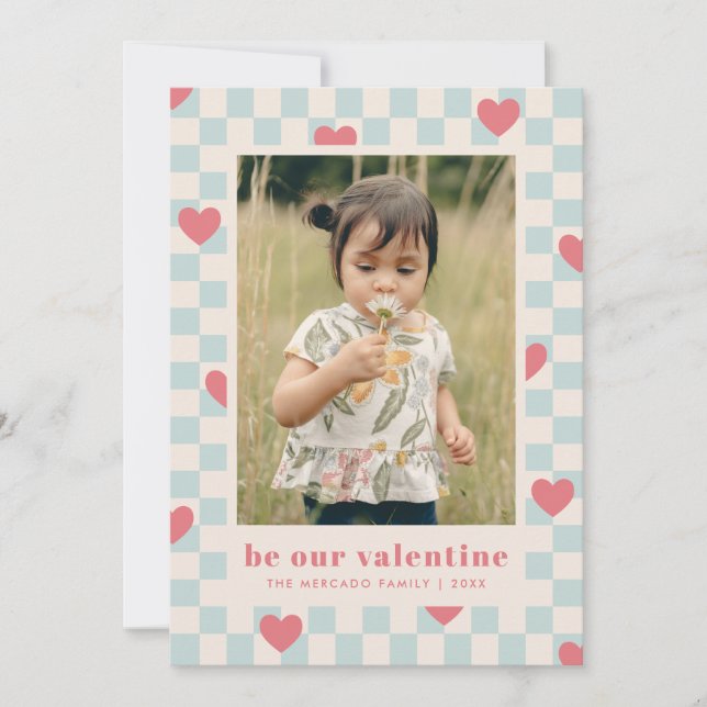 Blue Pink Checkerboard Herz Valentine's Day Card Einladung (Vorderseite)
