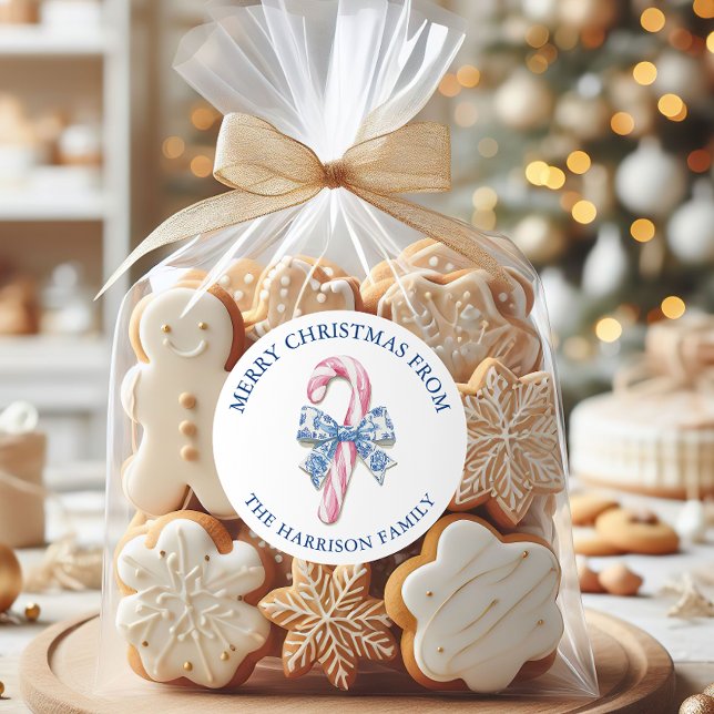 Blue Pink Chinoiserie Toile Candy Cane Weihnachten Runder Aufkleber (Von Creator hochgeladen)