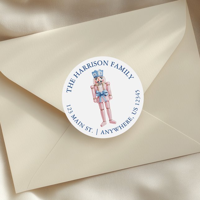 Blue Pink Chinoiserie Toile Nutcracker Adresse Runder Aufkleber (Von Creator hochgeladen)