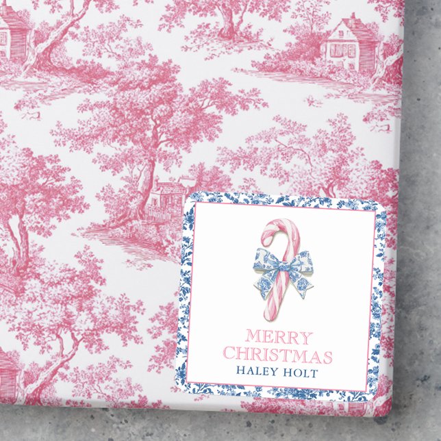 Blue & Pink Chinoiserie Toile Weihnachts Candy Can Quadratischer Aufkleber (Von Creator hochgeladen)