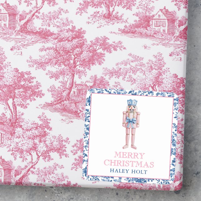 Blue & Pink Chinoiserie Toile Weihnachtsnachtscrem Quadratischer Aufkleber (Von Creator hochgeladen)