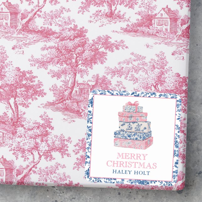 Blue & Pink Chinoiserie Weihnachtsgeschenke Quadratischer Aufkleber (Von Creator hochgeladen)