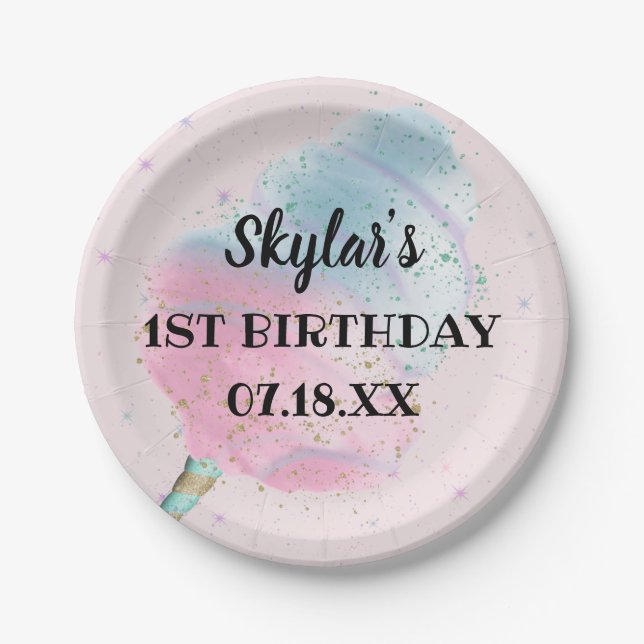 Blue Pink Cotton Candy Bronze Gold Glitzer Geburts Pappteller (Vorderseite)