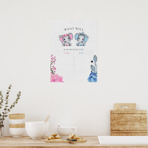 Blue & Pink Elephant Gender Reveal Voting Sign Poster