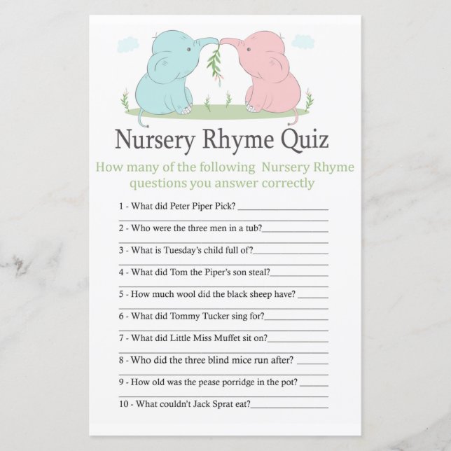 Blue Pink Elephant Kinderzimmer Rhyme Quiz Babydus (Vorderseite)