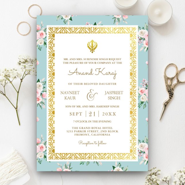 Blue Pink Floral Anand Karaj Punjabi Sikh Wedding Einladung (Von Creator hochgeladen)