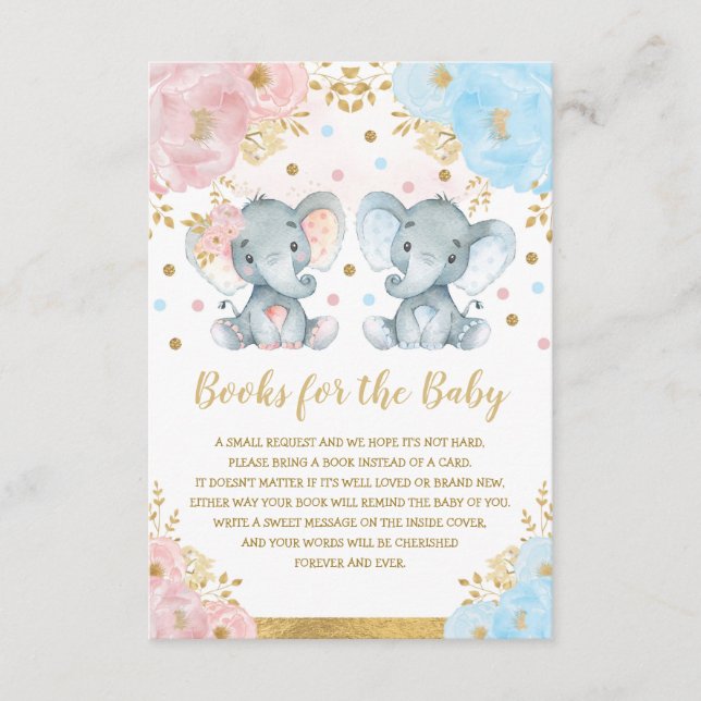 Blue Pink Floral Elephant Twins Bücher für Baby Begleitkarte (Vorderseite)