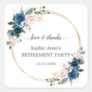 Blue Pink Floral Gold Rentirement Celebration Quadratischer Aufkleber