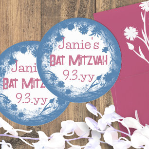 Blue Pink Floral Personalisiert Bat Mitzvah Sticke Runder Aufkleber