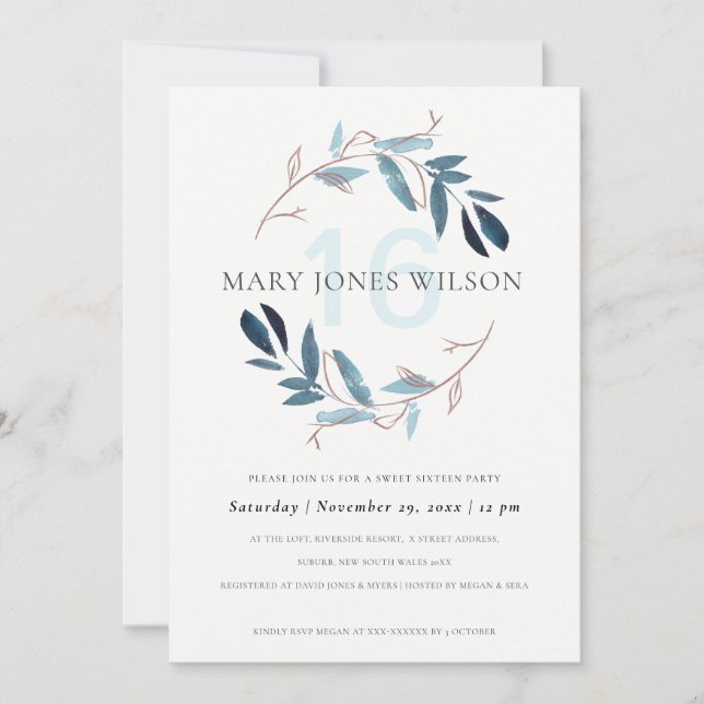 BLUE PINK FOLIAGE WREATH SWEET 16 BIRTHDAY CARD DANKESKARTE (Vorderseite)