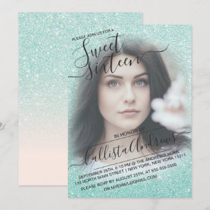 Blue Pink Funkelnd Glitzer Ombre Foto Sweet 16 Einladung