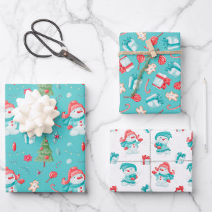 Blue Pink Funny Snowmen Pattern Kinder Weihnachten Geschenkpapier Set