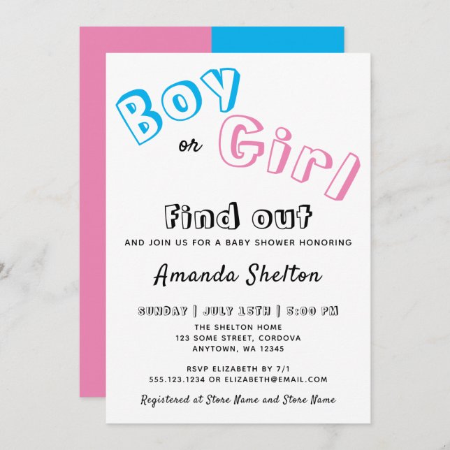 Blue Pink Gender Reveal Baby Dusche Einladung (Vorne/Hinten)