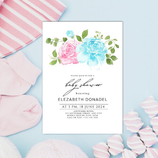 Blue Pink Gender Reveal Floral Bouquet Baby Dusche Einladung (Von Creator hochgeladen)