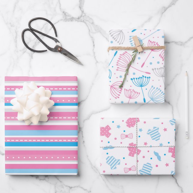 Blue Pink Gender Reveal Packaging Paper Sheets Geschenkpapier Set (Vorderseite)
