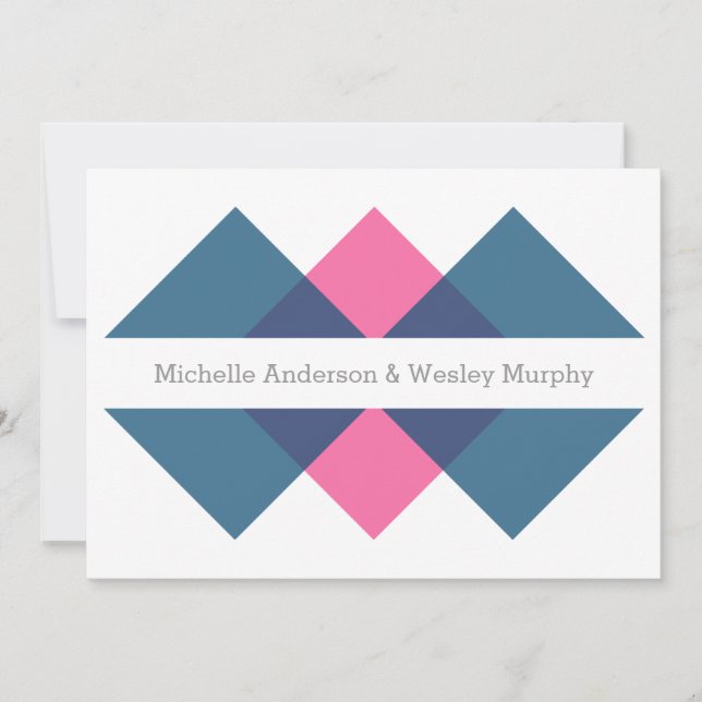 Blue Pink Geometric Triad Wedding Einladung (Vorderseite)