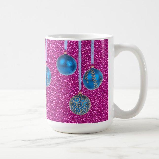 Blue Pink Glitzer Frohe Weihnachts Baubles Tasse (Rechts)