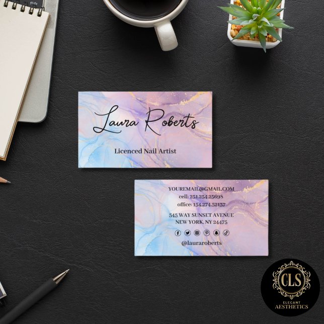 Blue Pink Gold Aquarell Kunst, Dichtung und Musik Visitenkarte (Marble Pink Blue & Gold Business Card
)