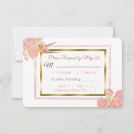 Blue PInk Gold Bird & Floral Wedding RSVP Karte