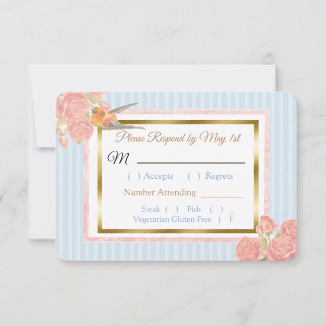 Blue PInk Gold Bird & Floral Wedding RSVP Karte (Vorderseite)