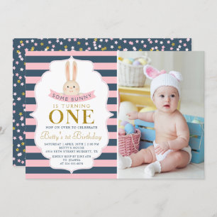 Blue & Pink Gold Bunny First Birthday Foto Einladung