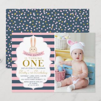 Blue & Pink Gold Bunny First Birthday Foto Einladung