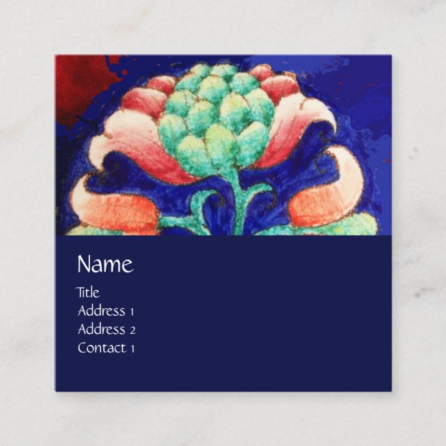 BLUE PINK GREEN FLORAL MONOGRAM Stilisierte Blume Quadratische Visitenkarte (Vorderseite)