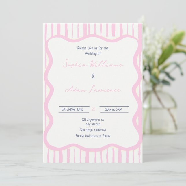 Blue pink Hand Written Pinstripe Whimsical Wedding Einladung (Stehend Vorderseite)