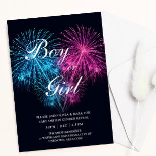 Blue Pink Heart Firework Baby Gender Reveal Einladung